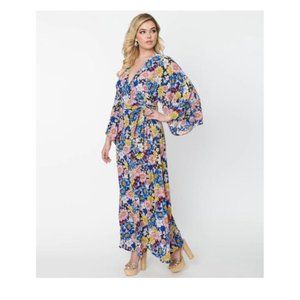 Unique Vintage Black & Blue Floral Wrap Maxi Dress Sz 1X/16